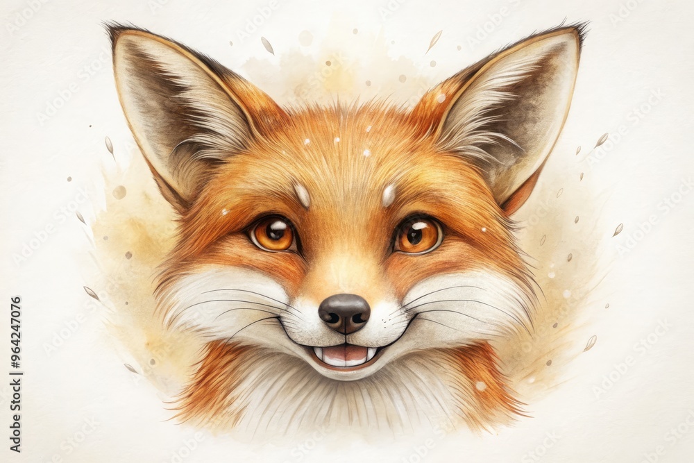 Fototapeta premium A whimsical, hand-drawn illustration of a fox's face with pointed ears, bushy eyebrows, and a sly smile, surrounded by subtle textures and natural tones.