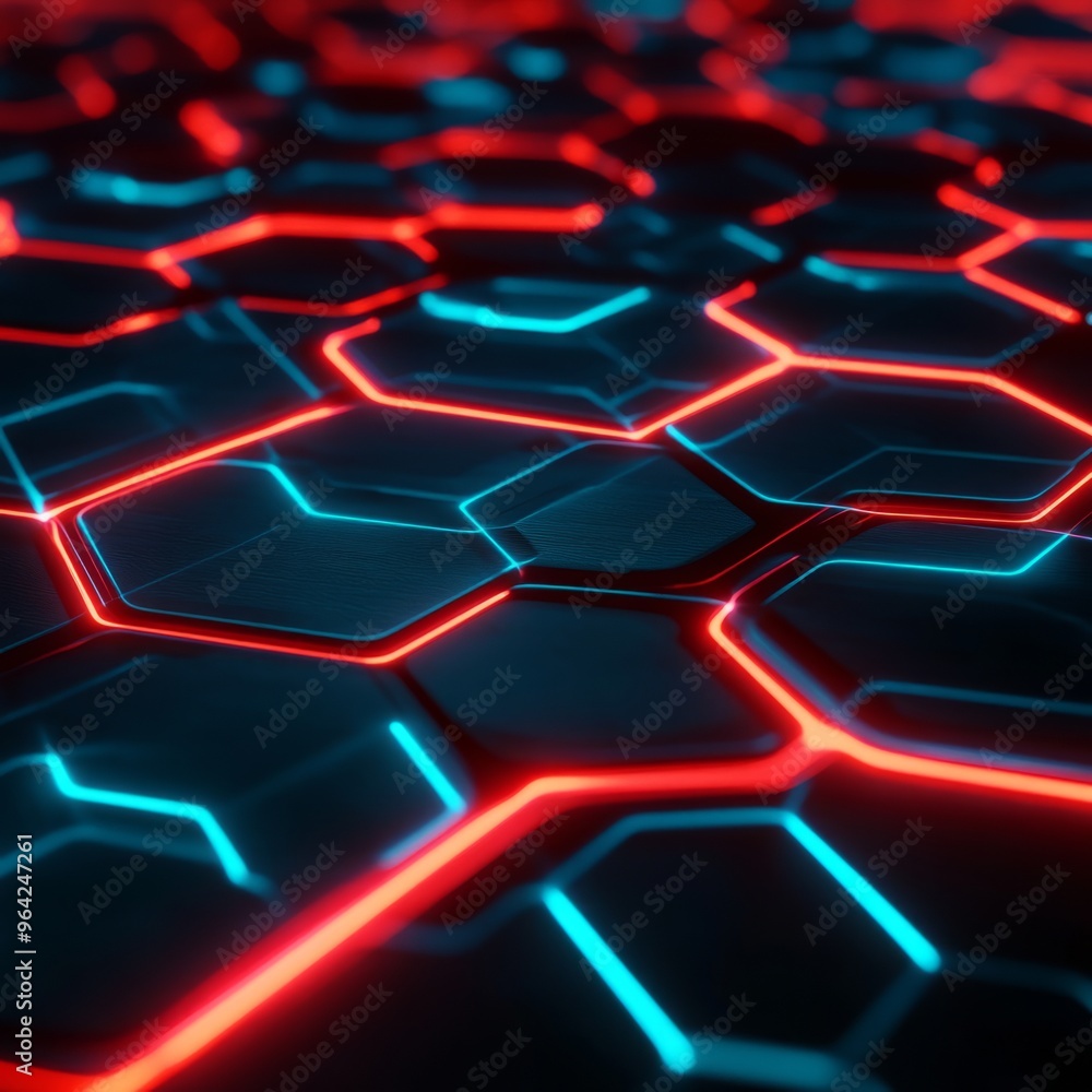 Neon Hexagon Gaming Background: Abstract Geometric Pattern with Red and Teal Glow Neon Hexagon Gaming Background: Abstract Geometric Pattern with Red and Teal Glow