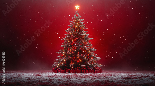 christmas tree with snow - red background