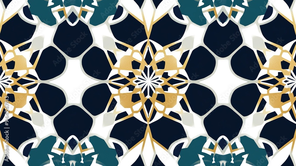 Fototapeta premium Intricate geometric pattern featuring teal, gold, and white colors in a symmetrical design suitable for modern decor or textiles