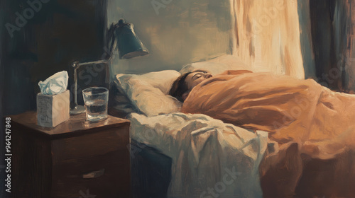 Serene Rest - Oil Painting of Person in Bed with Tissue Box and Glass of Water in Dimly Lit Room