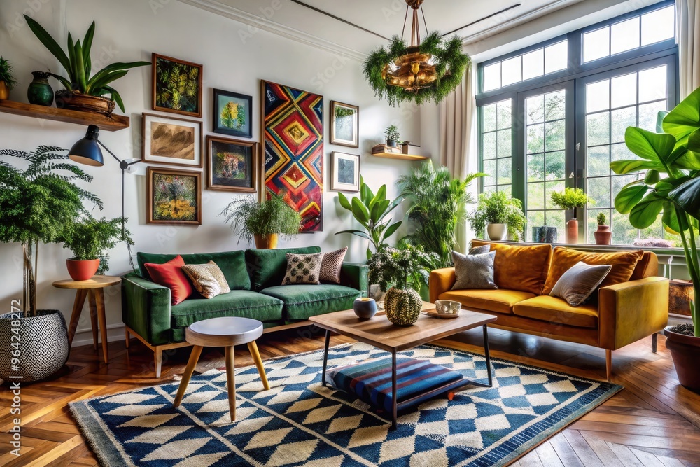 Fototapeta premium bold patterned rugs, geometric artwork, velvet sofas, industrial coffee tables, and lush greenery create a stylishly chaotic, modern eclectic living space.