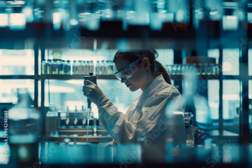 A scientist in protective gear intently working with a pipette in a high-tech laboratory, framed by shelves of glassware and vials.