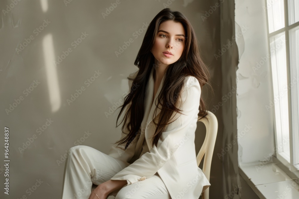 A poised woman in a white suit sits elegantly against a minimalist background, soft light accentuating her composed expression and luxurious hair. A poised woman in a white suit sits elegantly against a minimalist background, soft light accentuating her composed expression and luxurious hair.