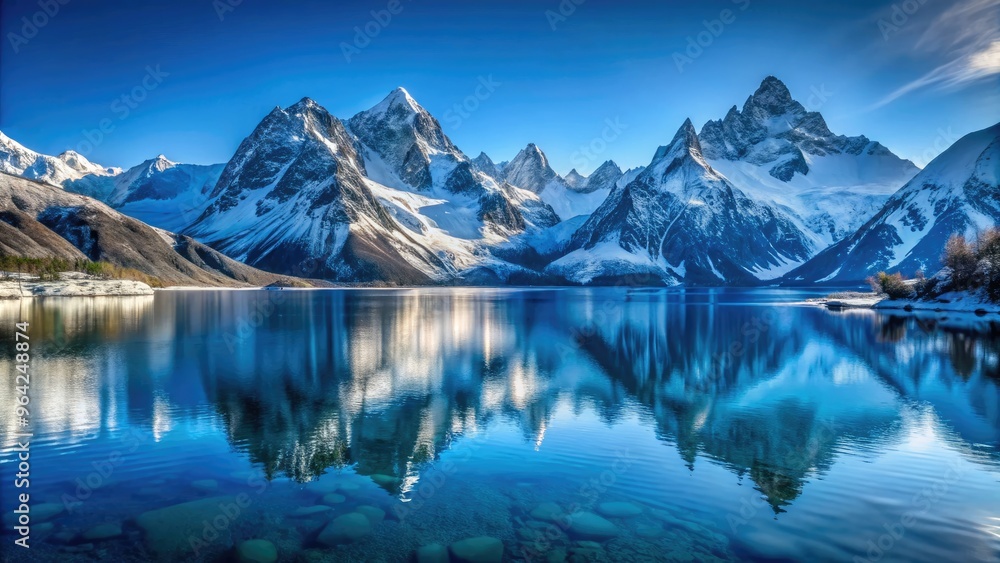 Breathtaking, Snow-Capped Mountain Peaks Pierce The Clear Blue Sky, Casting Majestic Reflections Upon The Icy Blue Lake Below. Breathtaking, Snow-Capped Mountain Peaks Pierce The Clear Blue Sky, Casting Majestic Reflections Upon The Icy Blue Lake Below.