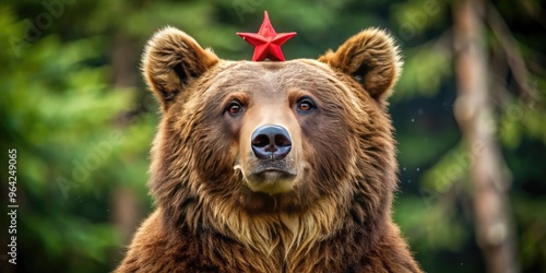 Brown Bear With Red Star Insignia On Its Forehead Stands On Hind Legs, Representing Soviet Union Imagery photo