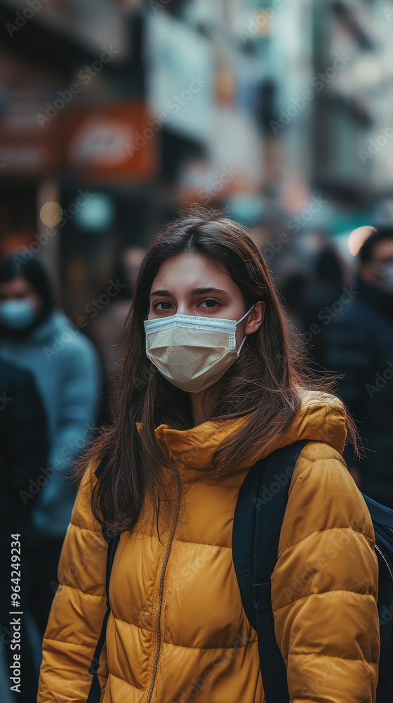 Caution and Protection: Person Wearing Face Mask in a Crowded Public Space Caution and Protection: Person Wearing Face Mask in a Crowded Public Space