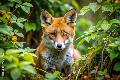 Camouflaged Fox Crouches Low In Dense Undergrowth, Alert And Ready To Strike.