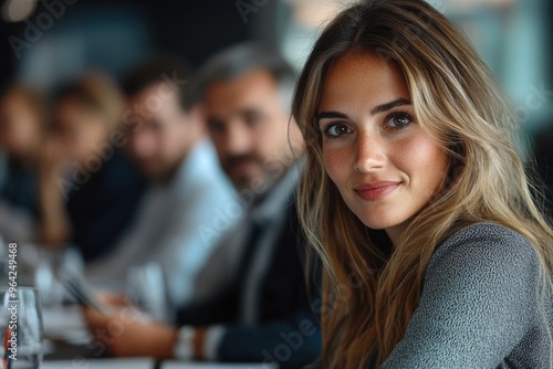 Wallpaper Mural A woman with long blonde hair is smiling at the camera. She is surrounded by other people, some of whom are wearing ties. The scene appears to be a professional setting Torontodigital.ca