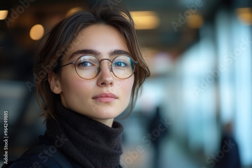 A woman wearing glasses and a black sweater. She is looking at the camera. The image has a mood of seriousness and focus