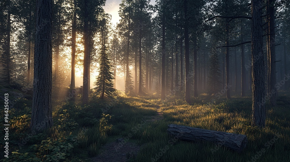 Obraz premium Sunlight filters through tall trees in a serene forest during early morning hours creating a tranquil atmosphere