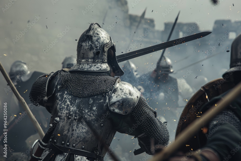 Armored knights clash in a fierce medieval battle amid flying sparks, their metal gear reflecting the intensity of the moment. Armored knights clash in a fierce medieval battle amid flying sparks, their metal gear reflecting the intensity of the moment.