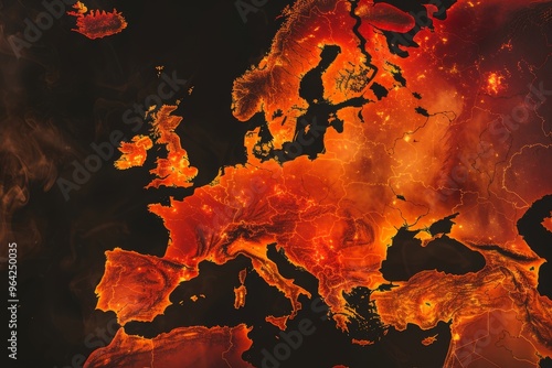 A heat map illustrating high temperatures across Europe, highlighting climate change impact and the severity of rising global temperatures.