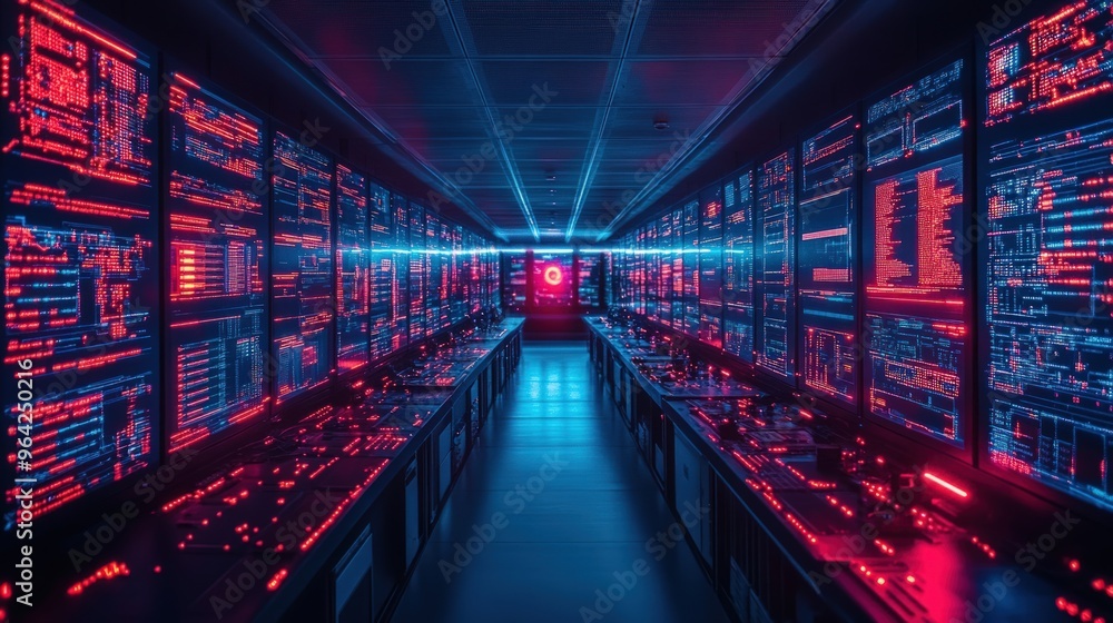 A long corridor lined with glowing computer screens in a server room, illuminated by red and blue lights.
