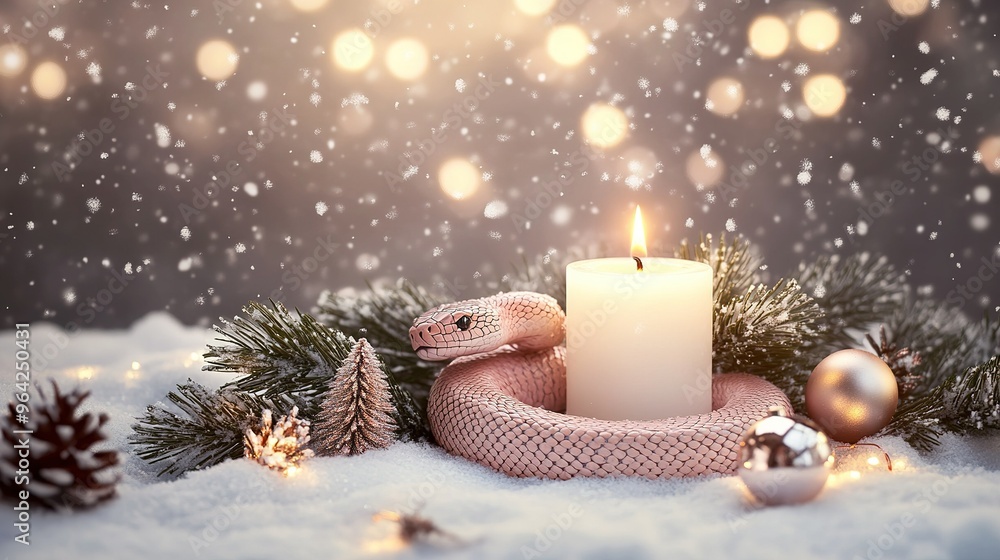 A decorative winter arrangement featuring a pink snake coiled around a white candle surrounded by pine and festive ornaments A decorative winter arrangement featuring a pink snake coiled around a white candle surrounded by pine and festive ornaments