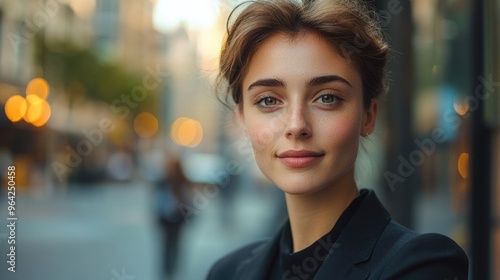 A woman with a black jacket and a black dress is smiling at the camera. She is standing on a street with other people around her