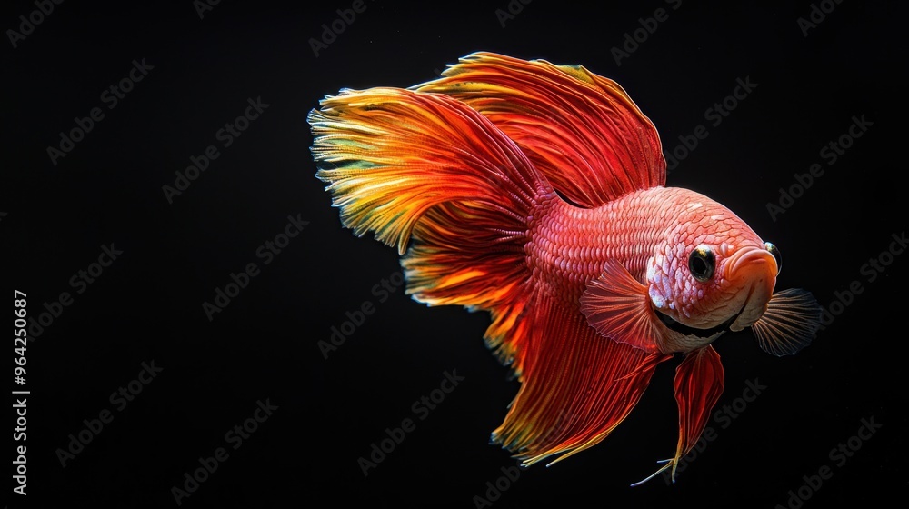 Fototapeta premium Elegant modern painting featuring colorful scarlet and sunny yellow betta fish adorned with fine metallic shimmer against a deep black backdrop, professional wall installation. Realistic photograph,