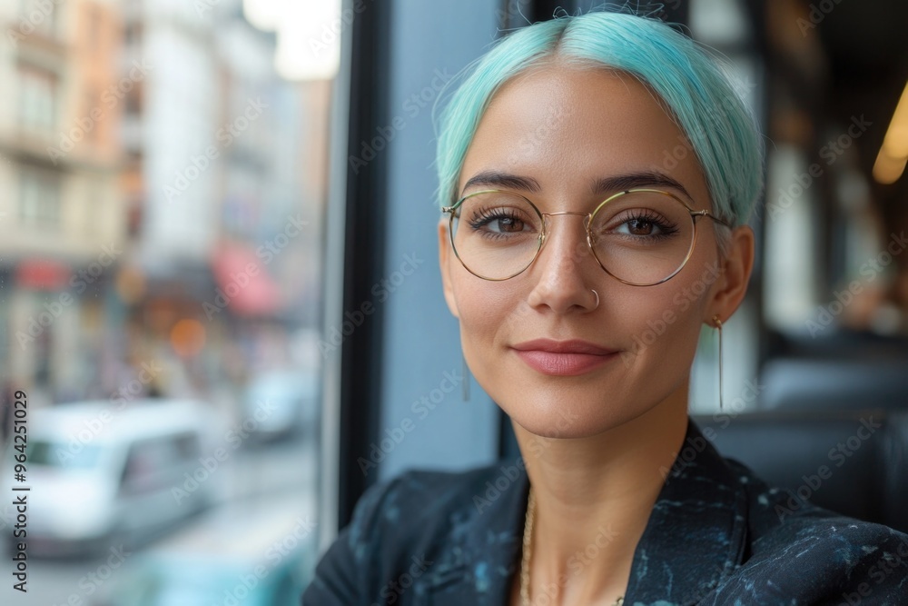 A woman with blue hair and glasses is smiling at the camera. She is wearing a black jacket and a necklace A woman with blue hair and glasses is smiling at the camera. She is wearing a black jacket and a necklace