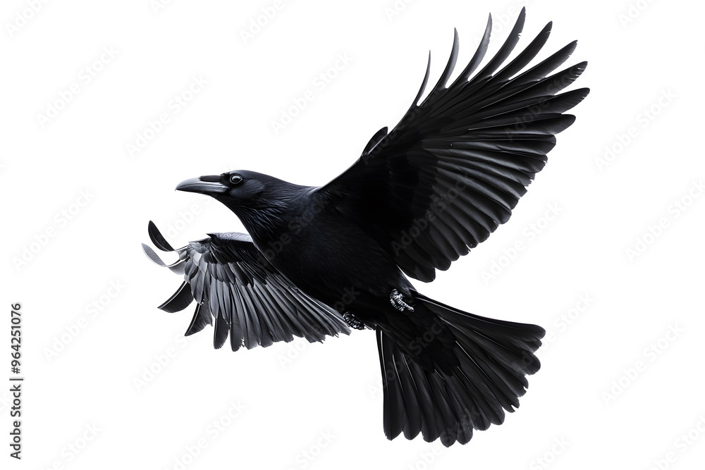 Fototapeta premium Beautiful black raven, crow in flight isolated on white background