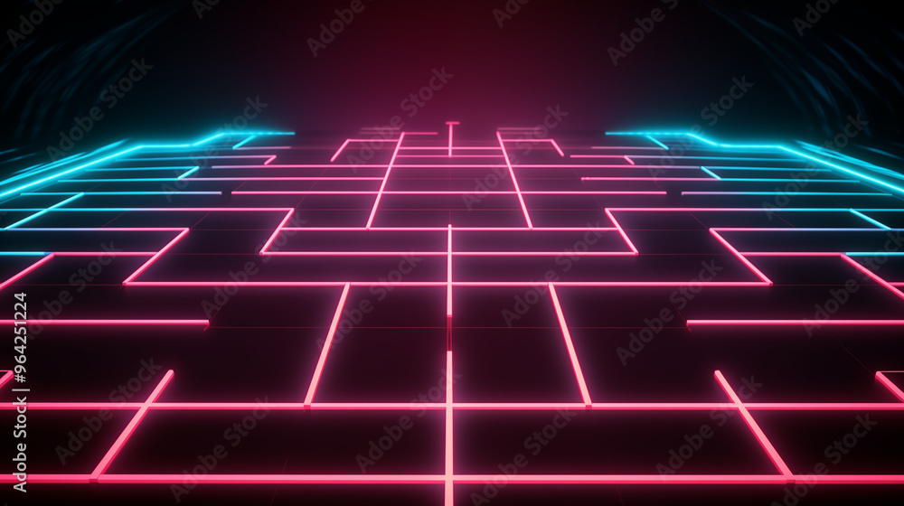 Sci-Fi Neon Grid with Symmetrical Pink and Blue Light Patterns Sci-Fi Neon Grid with Symmetrical Pink and Blue Light Patterns