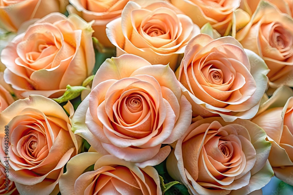 Close-Up Of A Bouquet Of Fresh Peach Roses With Delicate Petals And Soft Hues, Offering A Vibrant And Romantic Ambiance. Close-Up Of A Bouquet Of Fresh Peach Roses With Delicate Petals And Soft Hues, Offering A Vibrant And Romantic Ambiance.