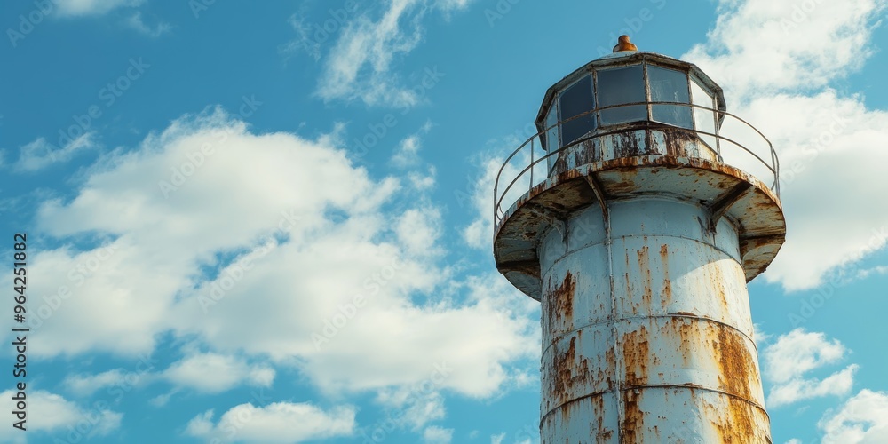 Towering above, the worn lighthouse showcases rusted metal against a vibrant sky, representing coastal heritage and navigation