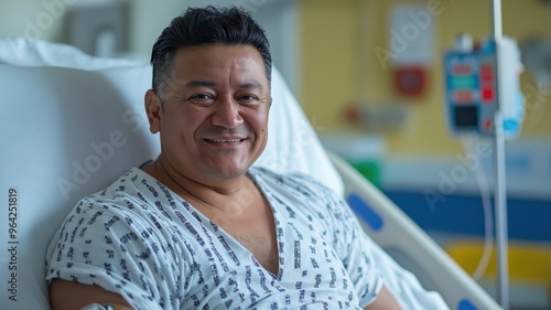 Smiling Latin American man recovering in hospital bed after treatment