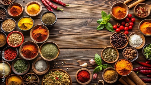 Assorted Indian spices in bowls on wooden table