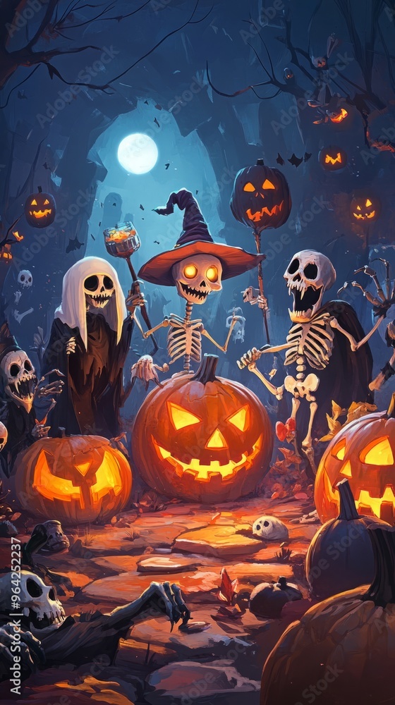 Fototapeta premium Halloween party with characters like ghost, witch, zombie, pumpkin and skeleton on grim background