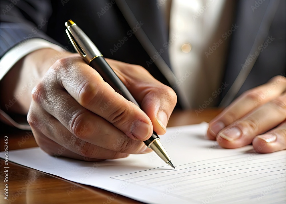 Close-Up Of A Hand Holding A Pen, Signing A Document With An Elegant And Distinctive Signature Design. Close-Up Of A Hand Holding A Pen, Signing A Document With An Elegant And Distinctive Signature Design.
