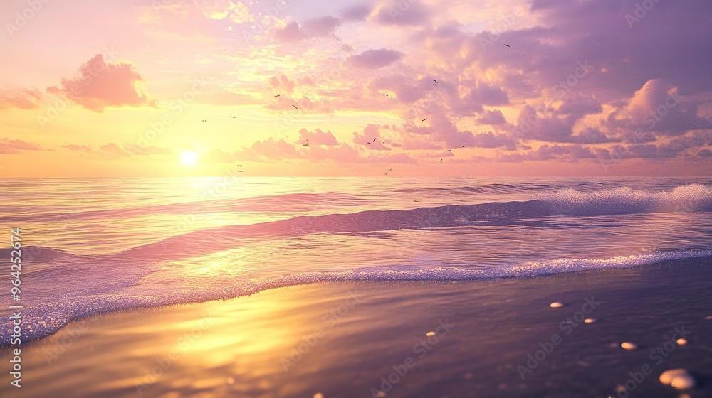 Beautiful sunset over the calm ocean waves with colorful clouds reflecting on the water at dusk near the shoreline Beautiful sunset over the calm ocean waves with colorful clouds reflecting on the water at dusk near the shoreline
