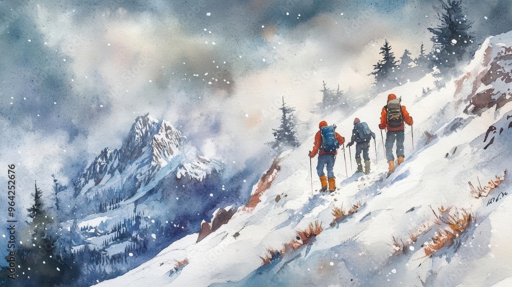 Watercolor scene of winter hikers making their way up a snowy peak Watercolor scene of winter hikers making their way up a snowy peak