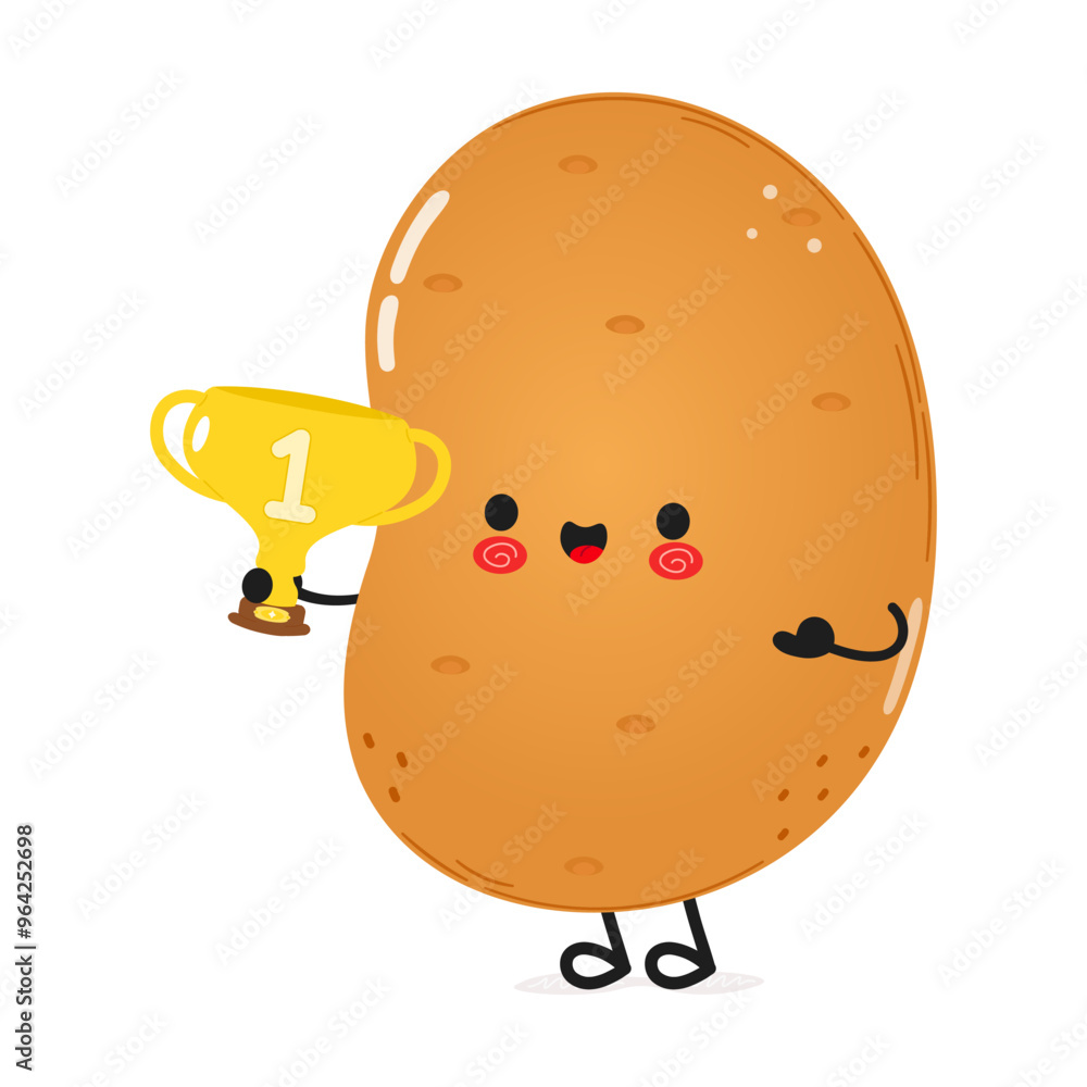 Cute funny Potato hold gold trophy cup. Vector hand drawn cartoon kawaii character illustration icon. Isolated on white background. Potato with winner trophy cup Cute funny Potato hold gold trophy cup. Vector hand drawn cartoon kawaii character illustration icon. Isolated on white background. Potato with winner trophy cup