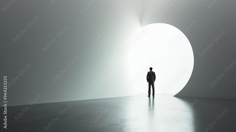 Obraz premium Man Standing at Giant Circular Opening in Minimalist Room, Symbolizing New Beginnings and Opportunities