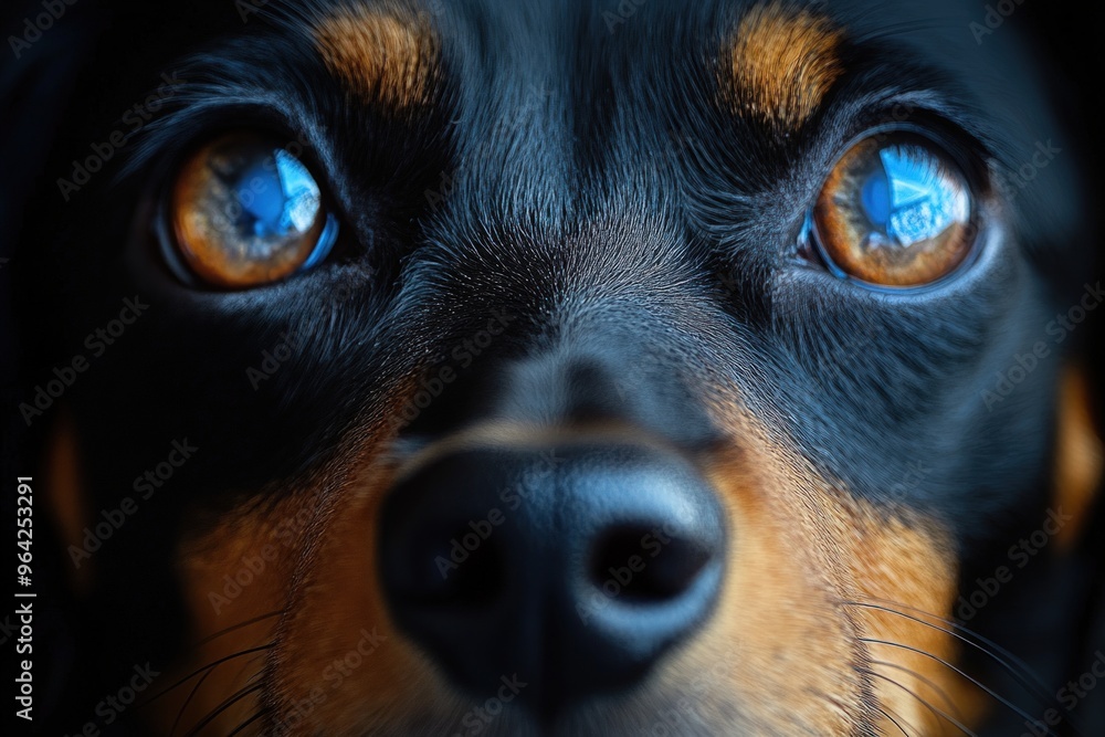 Close-up of a dog's face with brown fur and blue eyes. Close-up of a dog's face with brown fur and blue eyes.