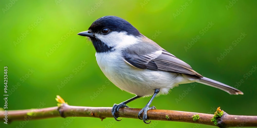 Close-Up Of A Small, White And Black Bird With A Slightly Open Beak And Dark Eyes, Perched On A Dark Branch Against A Blurred Green Background. Close-Up Of A Small, White And Black Bird With A Slightly Open Beak And Dark Eyes, Perched On A Dark Branch Against A Blurred Green Background.
