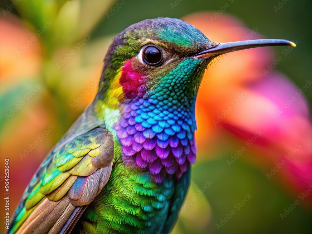 Fototapeta premium Close-Up Of A Vibrant Hummingbird Design Featuring Intricate Wings, Iridescent Feathers, And Delicate Nectar-Feeding Beak.