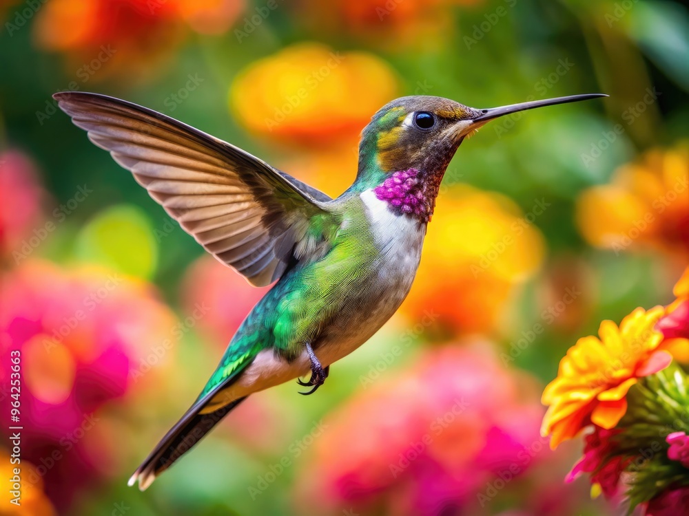 Close-Up Of A Vibrant Hummingbird Hovering Mid-Air, Its Long Beak Probing A Colorful Flower In A Lush Garden Close-Up Of A Vibrant Hummingbird Hovering Mid-Air, Its Long Beak Probing A Colorful Flower In A Lush Garden