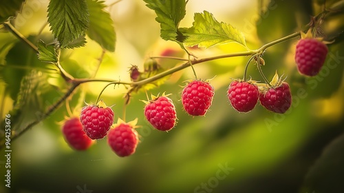 Fresh raspberries, still on the vine, with a natural green garden background