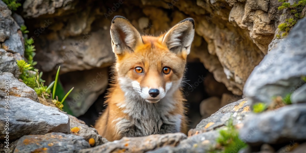 Naklejka premium Close-Up Of A Young Adult Fox Sitting In The Opening Of Its Den In A Rocky, Natural Setting.