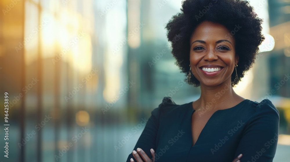 A woman with a big smile on her face is standing in front of a building. She is wearing a black dress and has her arms crossed A woman with a big smile on her face is standing in front of a building. She is wearing a black dress and has her arms crossed