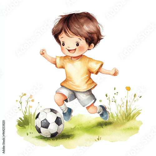 cute kid playing soccer watercolor clipart