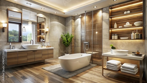 Modern bathroom interior design concept. Perfect for: Interior design expos, home improvement showcases, bathroom decor catalogs