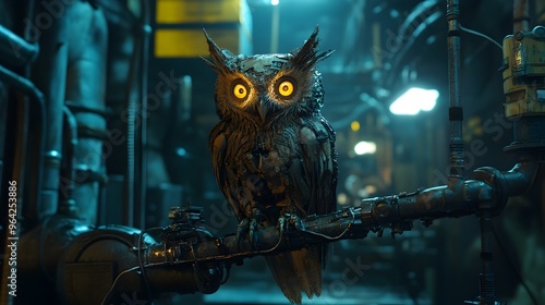 Meticulously Crafted Mechanical Owl Gazing from Technologically Advanced Branch in Dim Industrial