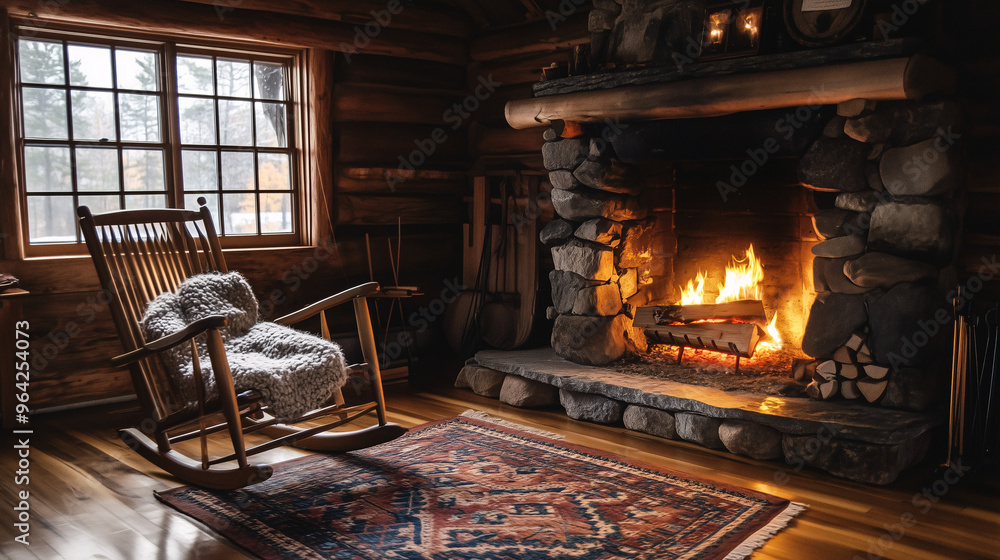 A rustic cabin interior featuring a stone fireplace, wood-paneled walls, and a cozy rug. A rocking chair with a thick woolen blanket is positioned near the fire, suggesting a relaxing retreat A rustic cabin interior featuring a stone fireplace, wood-paneled walls, and a cozy rug. A rocking chair with a thick woolen blanket is positioned near the fire, suggesting a relaxing retreat
