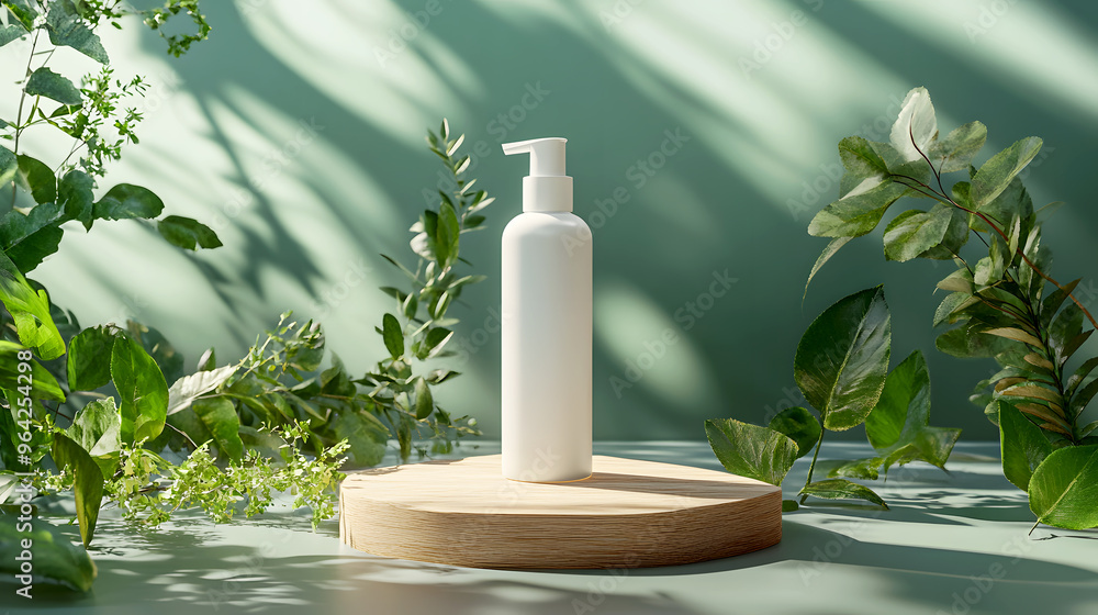 realistic spray glass bottle with a matte white cap, placed on a wooden platform, surrounded by greenery realistic spray glass bottle with a matte white cap, placed on a wooden platform, surrounded by greenery