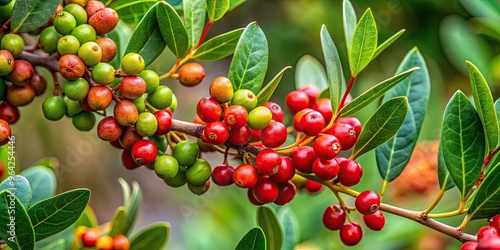Close-Up Of Vibrant Green Tasmanian Mountain Pepper Leaves And Small Berries On A Tree Branch