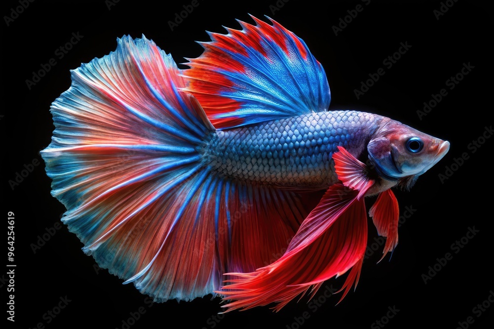 Close-Up Photograph Of A Colorful Betta Fish, With Its Flowing Fins Extended In A Curved Arch Close-Up Photograph Of A Colorful Betta Fish, With Its Flowing Fins Extended In A Curved Arch