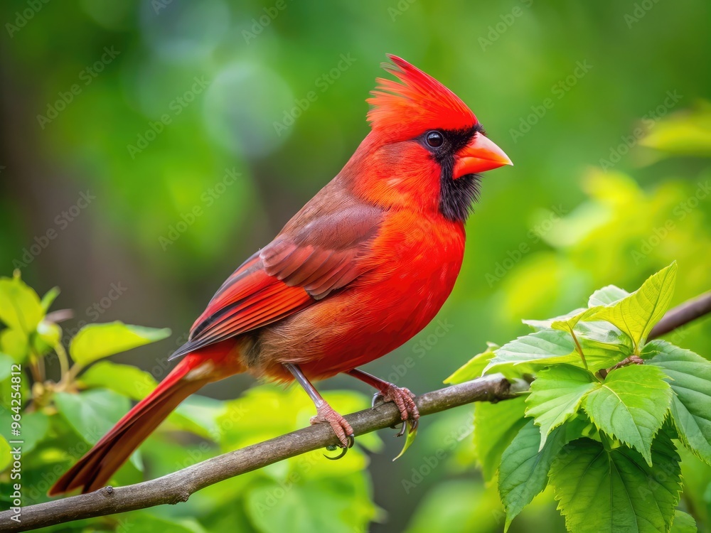 Close-Up Photograph Of A Vibrant Red Northern Cardinal Perched On A Tree Branch With Green Foliage In The Background. Close-Up Photograph Of A Vibrant Red Northern Cardinal Perched On A Tree Branch With Green Foliage In The Background.