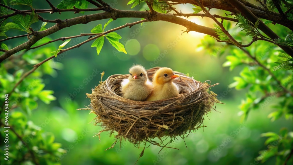 Close-Up Photograph Of Intertwined Branches Filled With Chicks Inside A Nest Framed By A Green Background. Close-Up Photograph Of Intertwined Branches Filled With Chicks Inside A Nest Framed By A Green Background.